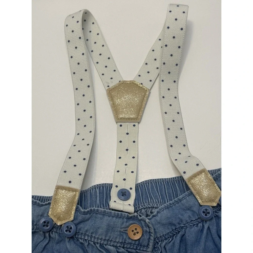 Oshkosh B'gosh Girl Denim Skirt W/ Rose Gold Accented Polka Dot‎ Suspenders 12M